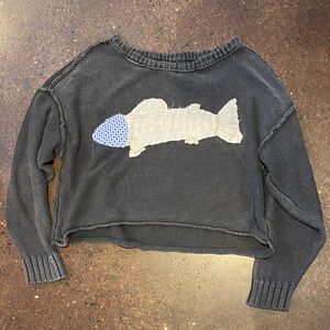 Charcoal Knit Sweatshirt with Fish Appliqué
